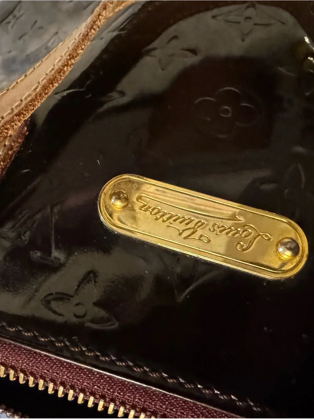 Louis Vuitton Vernis Deep Burgundy Patent Tote with Natural Leather Handles